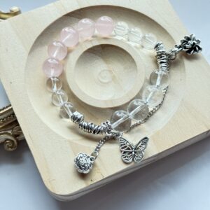 ✨ 粉晶白水晶蝴蝶复古银饰手链｜Rose Quartz & Clear Quartz Bracelet with Butterfly Charm