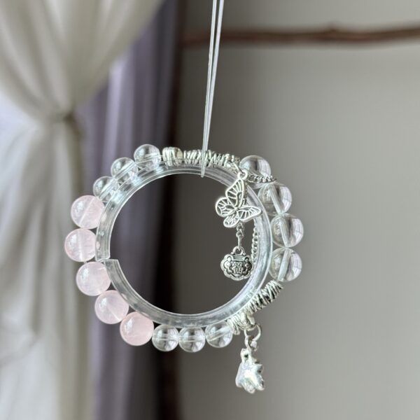 ✨ 粉晶白水晶蝴蝶复古银饰手链｜Rose Quartz & Clear Quartz Bracelet with Butterfly Charm - 图片 3