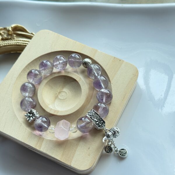 ✨ 紫水晶粉晶复古银饰手链｜Amethyst & Rose Quartz Bracelet with Vintage Charms - 图片 3