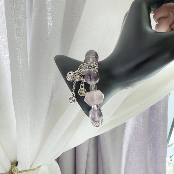 ✨ 紫水晶粉晶复古银饰手链｜Amethyst & Rose Quartz Bracelet with Vintage Charms - 图片 4
