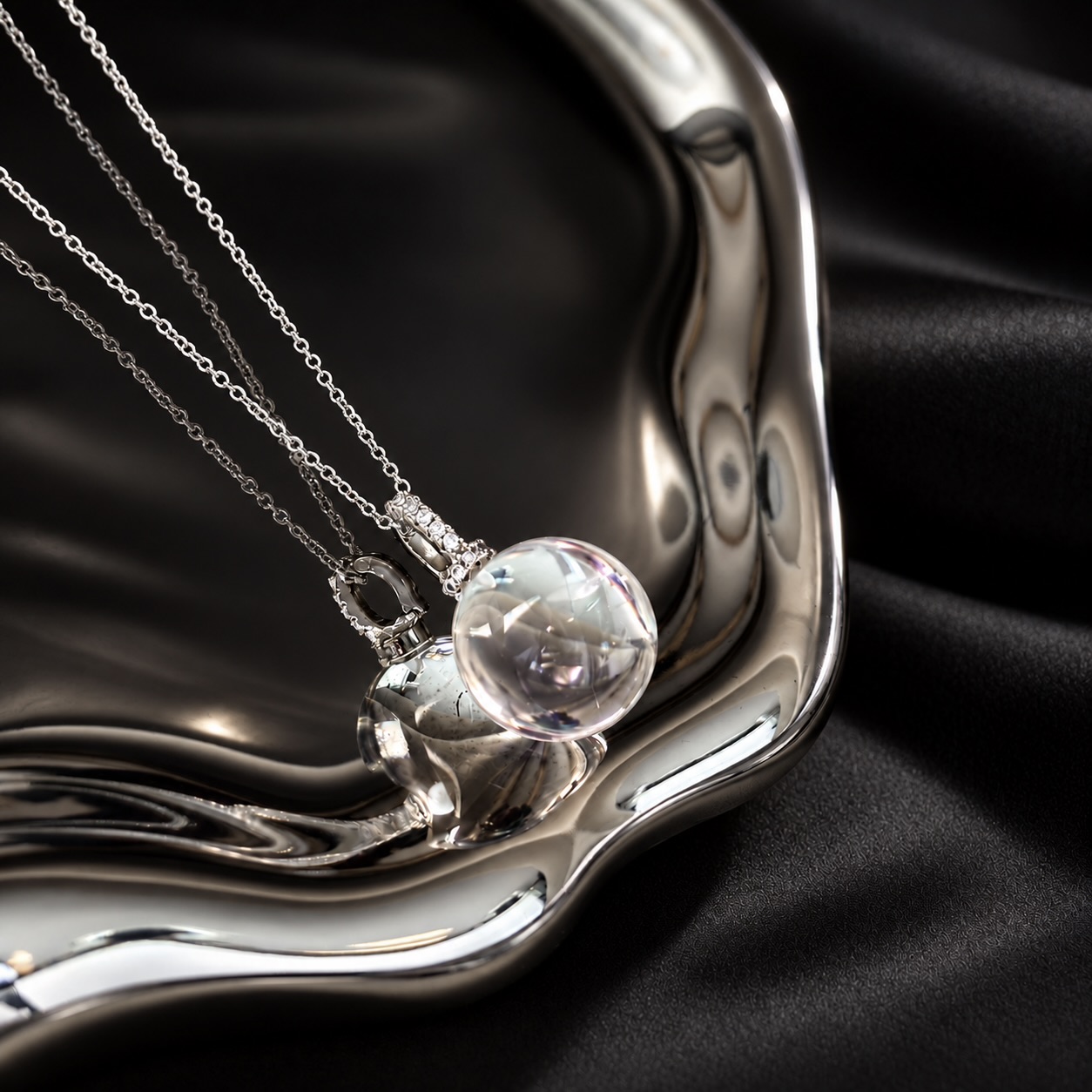Natural clear quartz bubble necklace with double sphere pendant