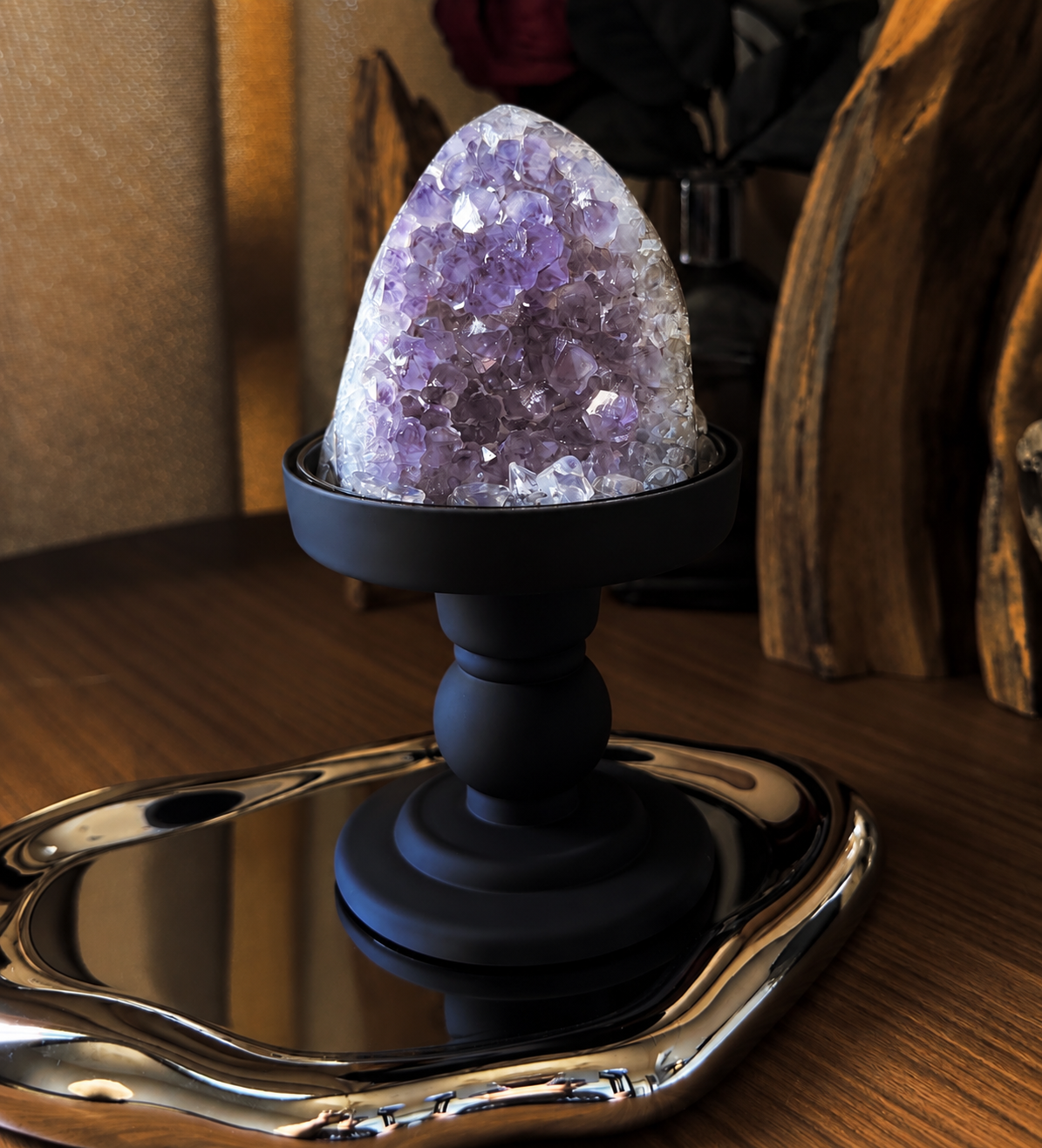 Amethyst Wisdom Dome crystal on black ceramic base
