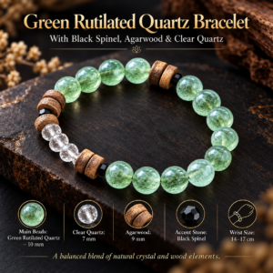 Green Rutilated Quartz Bracelet with Black Spinel, Agarwood and Clear Quartz