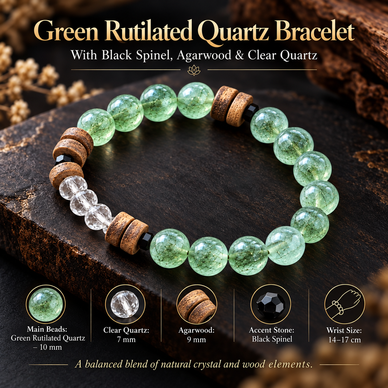 Green Rutilated Quartz Bracelet with Black Spinel, Agarwood and Clear Quartz