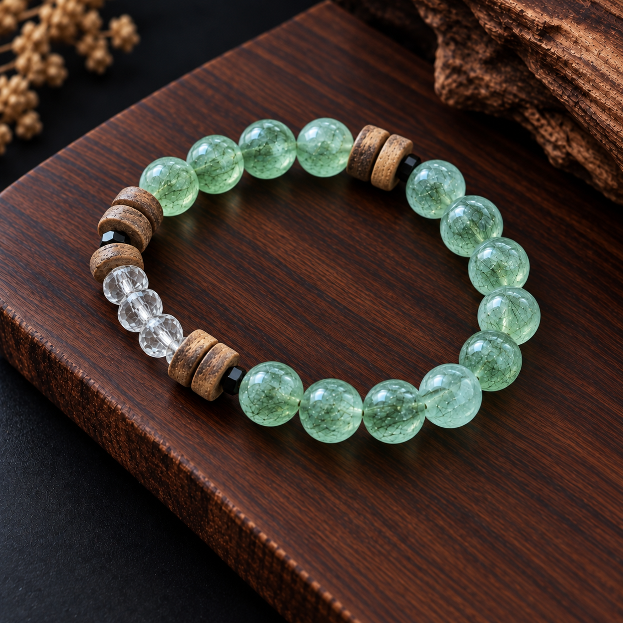 Green Rutilated Quartz Bracelet with Black Spinel, Agarwood and Clear Quartz