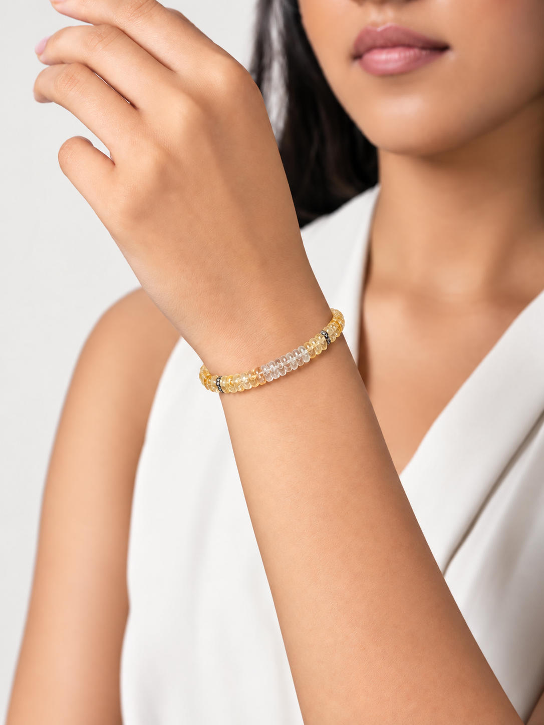 Citrine and Clear Quartz gradient bracelet with adjustable silver-tone chain