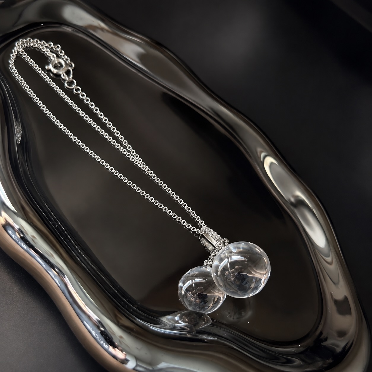Natural clear quartz bubble necklace with double sphere pendant