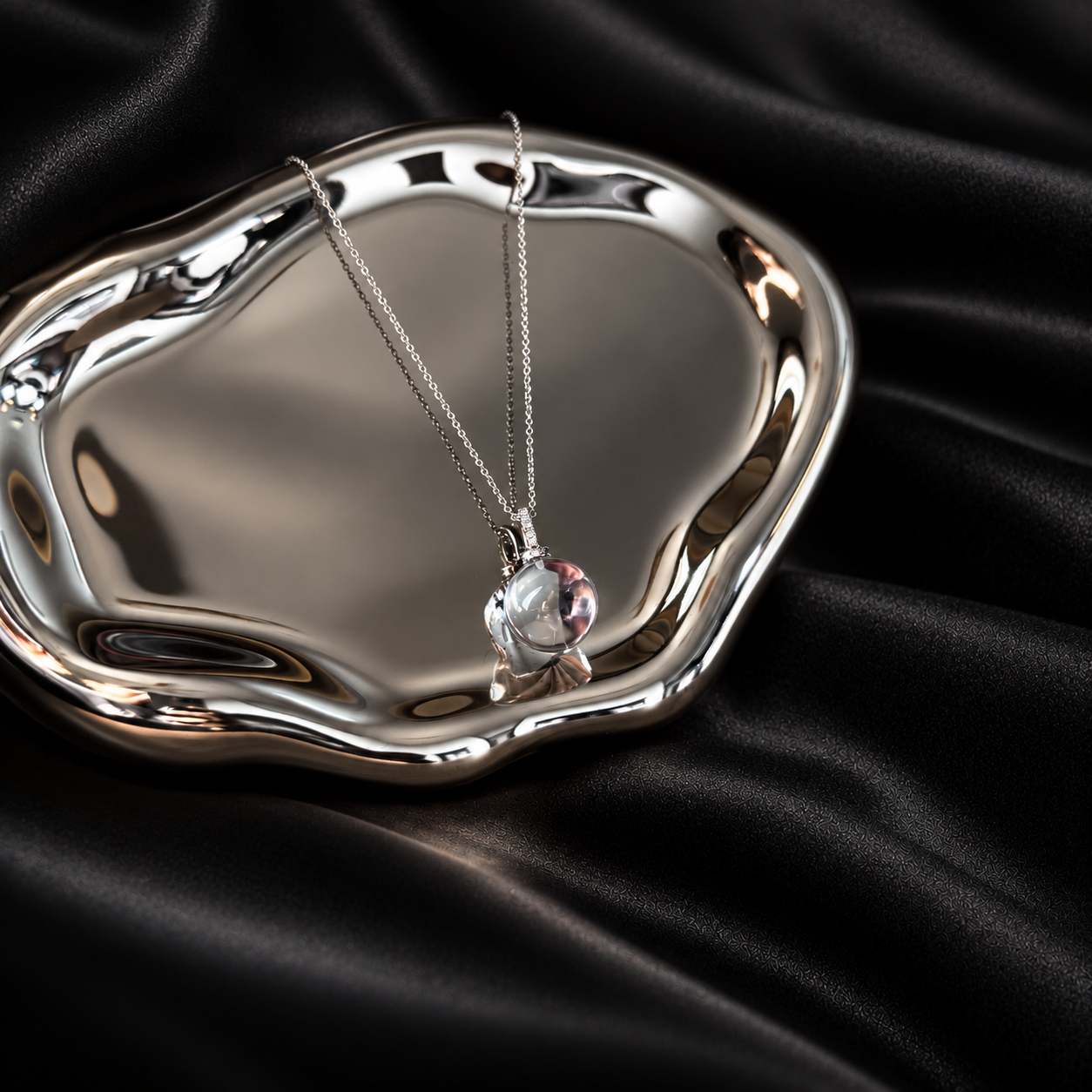 Natural clear quartz bubble necklace with double sphere pendant