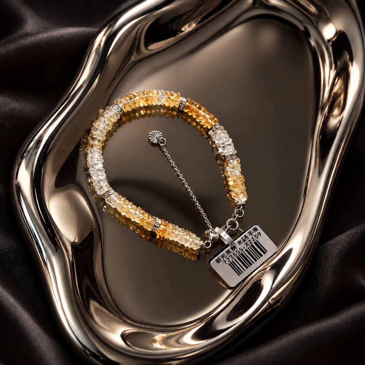 Citrine and Clear Quartz gradient bracelet with adjustable silver-tone chain
