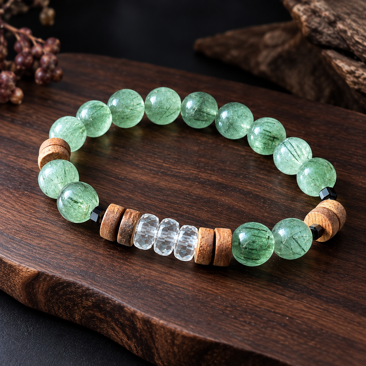 Green Rutilated Quartz Bracelet with Black Spinel, Agarwood and Clear Quartz
