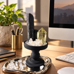 Citrine and Black Tourmaline Crystal Garden in black ceramic pedestal bowl