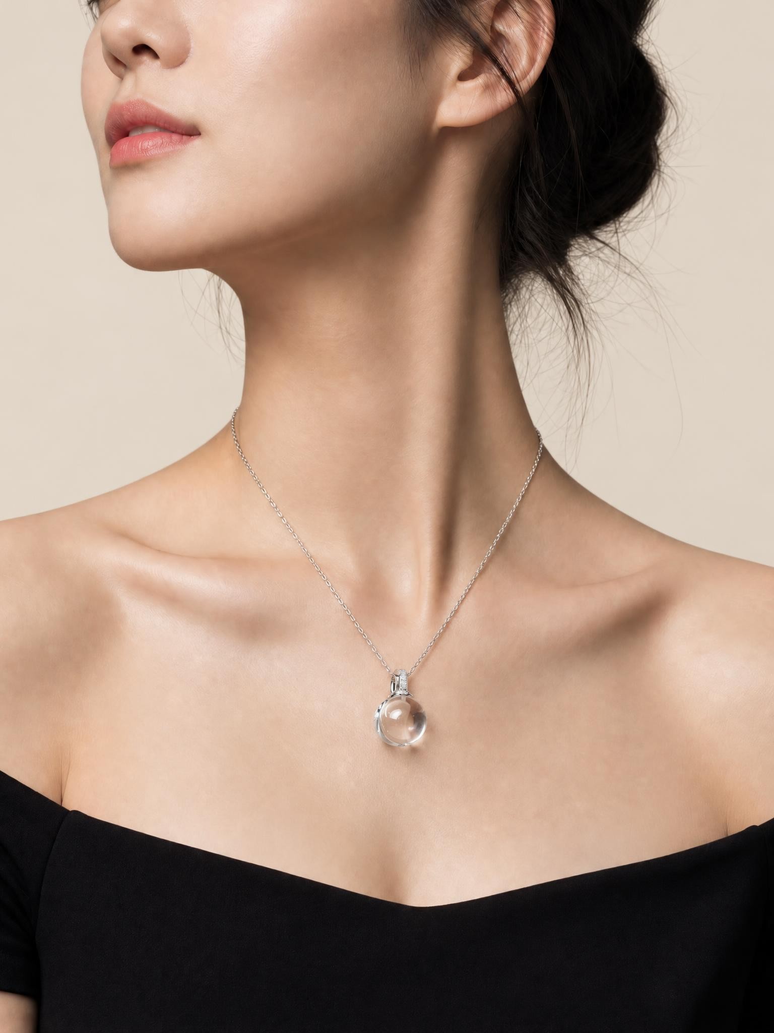 Natural clear quartz bubble necklace with double sphere pendant