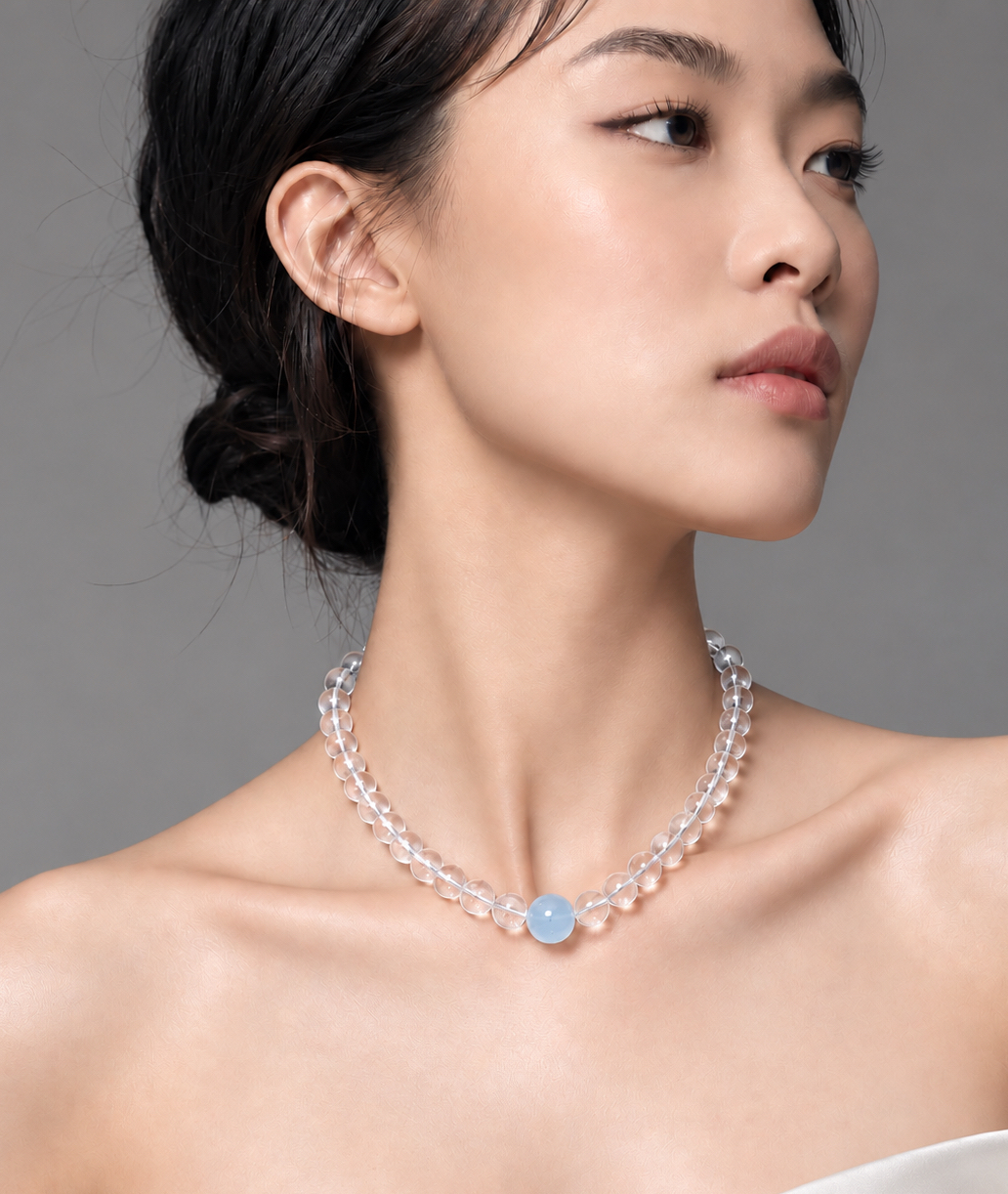Clear quartz and aquamarine necklace with 8mm beads