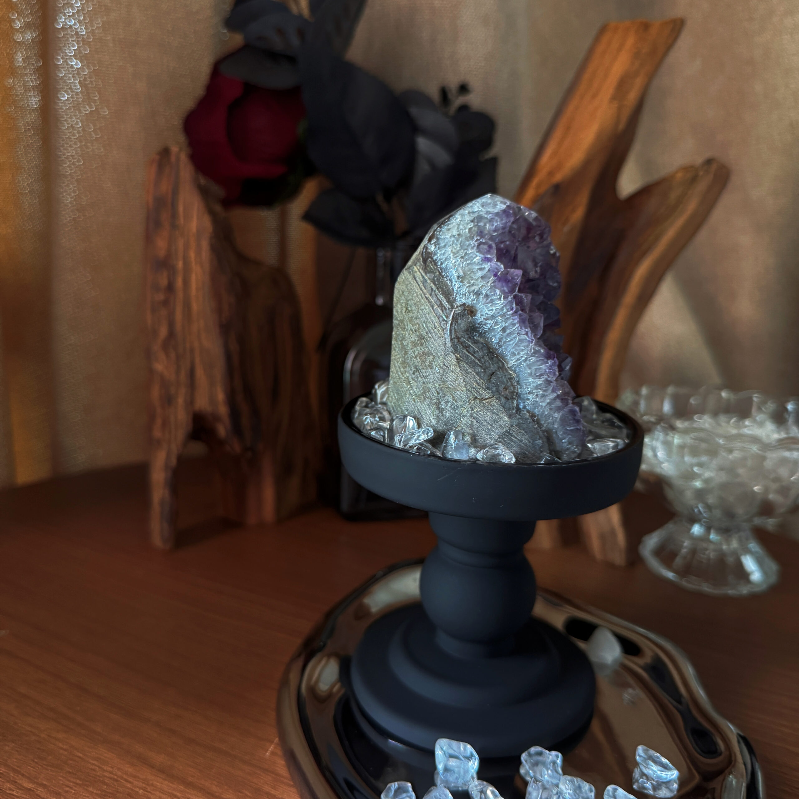 Amethyst Wisdom Dome crystal on black ceramic base