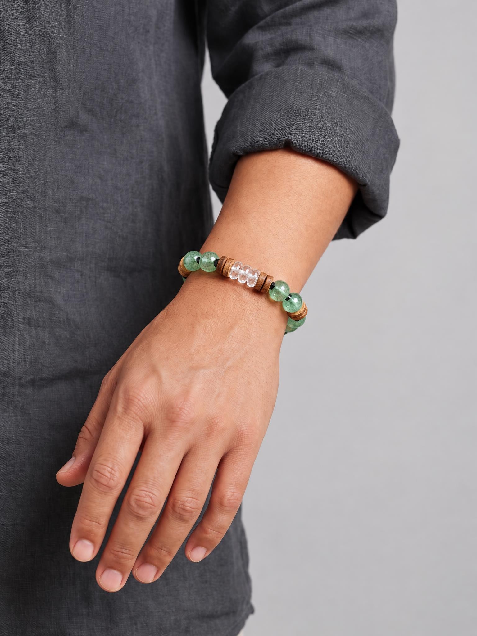 Green Rutilated Quartz Bracelet with Black Spinel, Agarwood and Clear Quartz