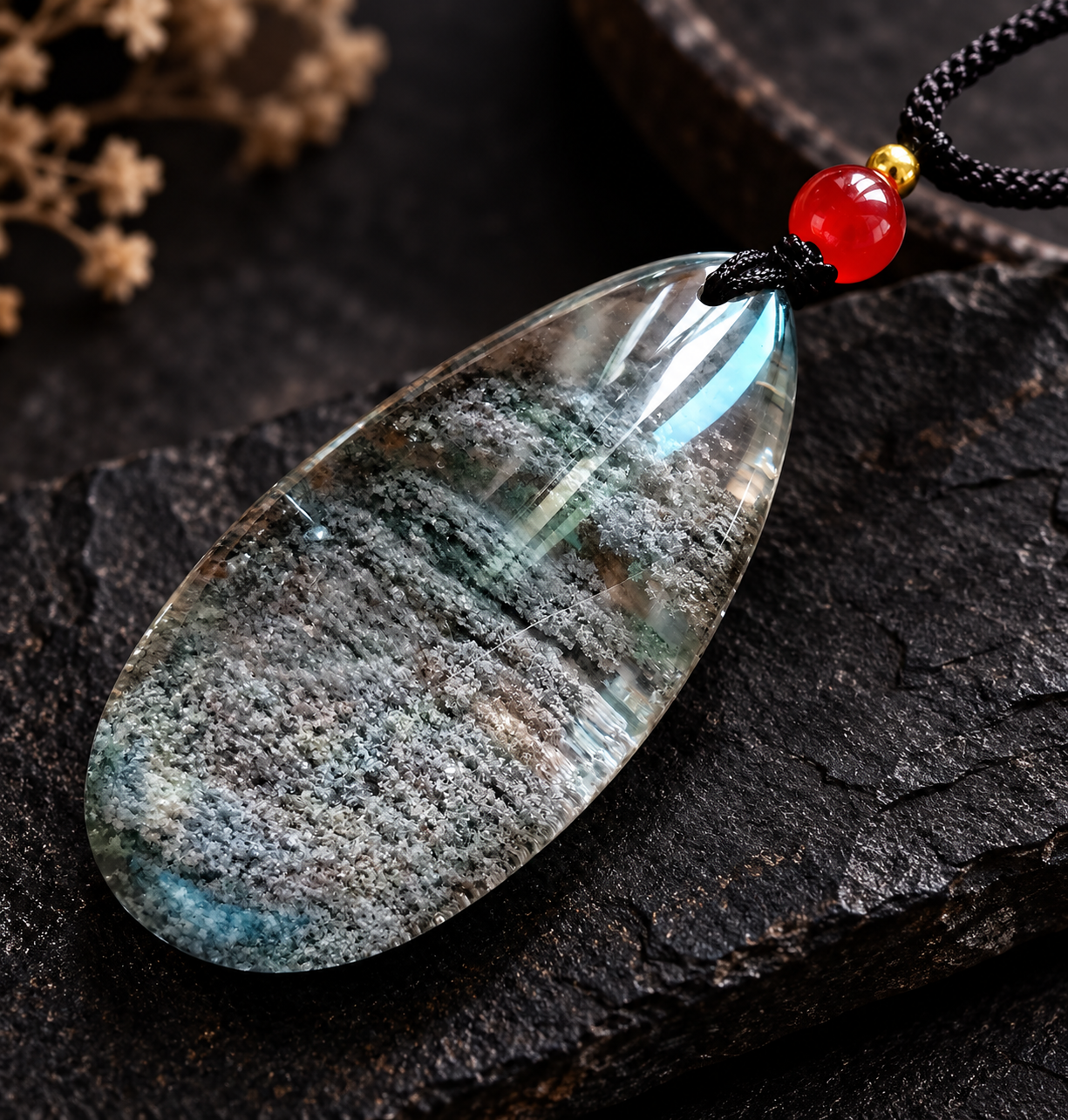 Green Phantom Quartz & Silk Red Agate Pendant Necklace – Career, Wealth & Helpful Connections