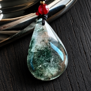 Green phantom quartz pendant necklace with red agate bead