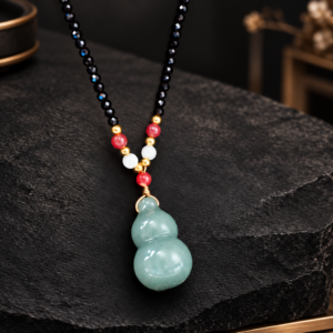 Hetian Jade gourd necklace with Black Spinel, Nanhong and White Moonstone